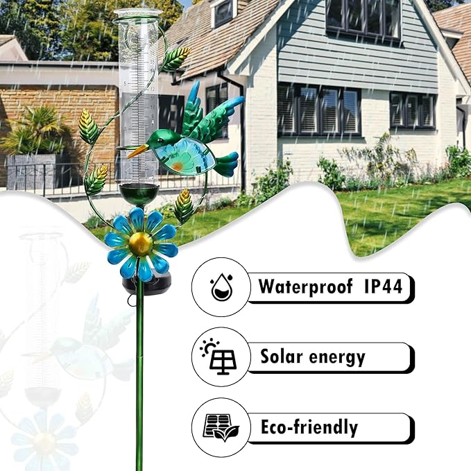 MUMTOP Rain Gauge Outdoor, Solar Powered Decorative Metal Hummingbird Flower Stake for Lawn Yard and Garden