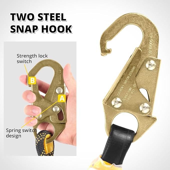 TRSMIMA Rope Harness Safety Lanyard：50ft Vertical Roofing Rope with Grab Snap Hooks Shock Absorber - Fall Protection Tree Climbing Line Kit Heavy Duty Roof Safety Equipment ANSI CE