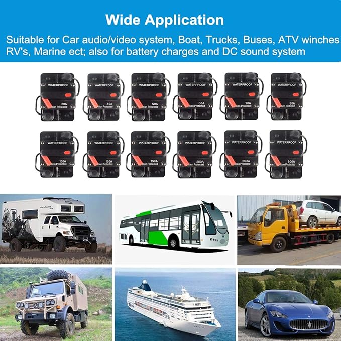 70 Amp Circuit Breaker with Manual Reset 12V-36V DC Waterproof Surface Mount for Car Audio Rv Marine Boat Truck Trolling Motors, 30-300A Car Speaker Resettable Fuse