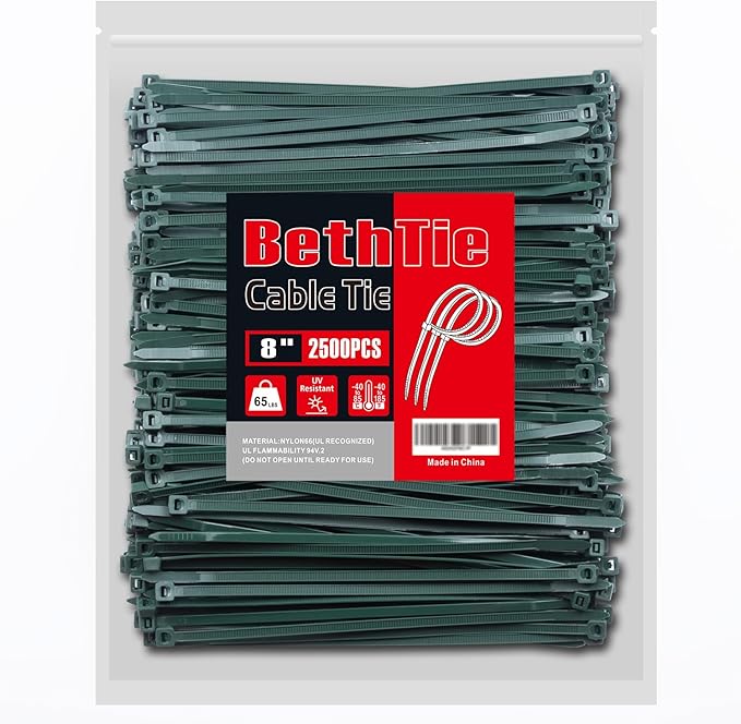 BethTie 8 Inch Dark Green Zip Ties (2500 Pack), 65 LBS Tensile Strength, Self-Locking Nylon PA66 UV Resistant Cable Ties for Indoor and Outdoor Use