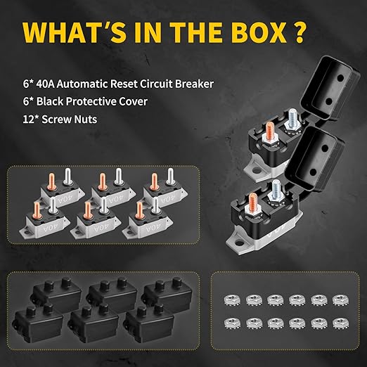 40 Amp Automatic Reset Circuit Breaker with Cover Stud Bolt, 6 Pieces 12V-24V DC for Automotive Marine Boat Car RV Truck Solar System and More, IP66 Waterproof (Black Cover)