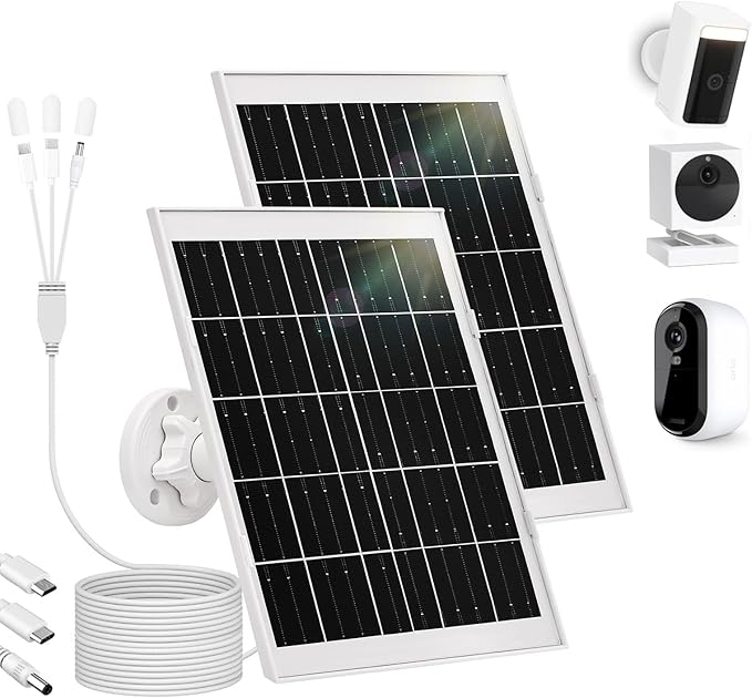 2 Pack 8w Solar Panel for Wyze & Arlo Essential Camera, Compatible with Most Low-Power Wireless Cameras, Solar Charger with 10ft Cable + Adjustable Mount, IP65 Waterproof