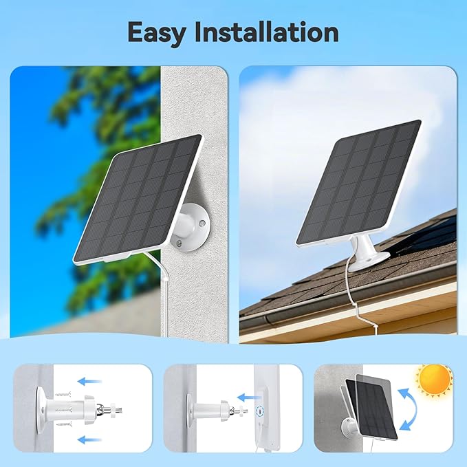 3W Solar Panel for Battery-Powered Security Cameras,USB-C & Micro USB Solar Charger for Wireless Outdoor Cameras,IP65 Waterproof, 9.8ft Cable, 360° Adjustable Mount (White, 2 Pack)