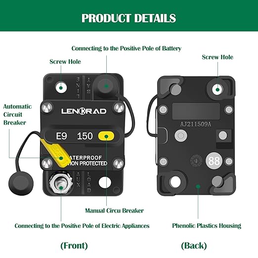 LENKRAD 150amp Marine Circuit Breaker Resettable 150A with Manual Reset Switch Button for Boat Trolling RV Yacht, 12V - 48V DC, Waterproof, Surface Mount(150 Amp Boat Circuit Breaker)