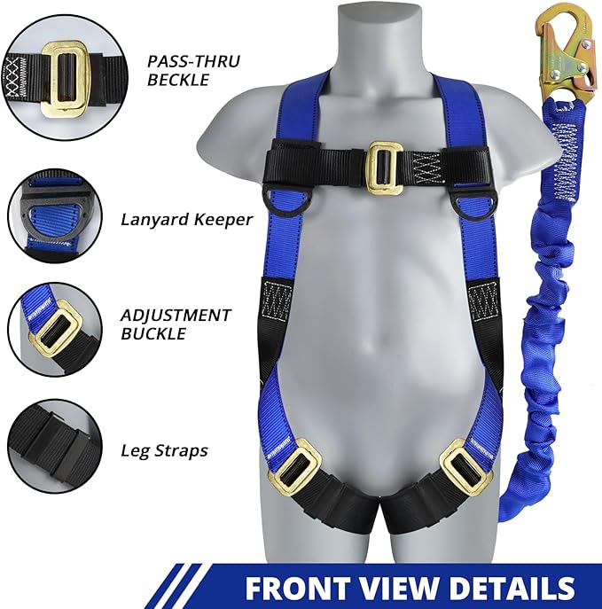 TRSMIMA Safety Harness Fall Protection - Full Body Construction Roofing Harness Kit Attached 6 ft Lanyard ANSI