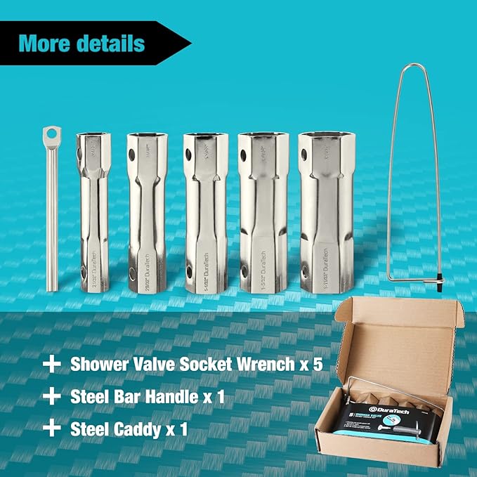 DURATECH Shower Valve Socket Wrench Set with Bar Handle for Removing Tub & Shower Valve, SAE, Includes 21/32”x 27/32”, 29/32”x 31/32”, 1-1/32” x1-3/32”, 1-5/32”x1-9/32”, 1-11/32”x 1-7/16”, 5-Piece