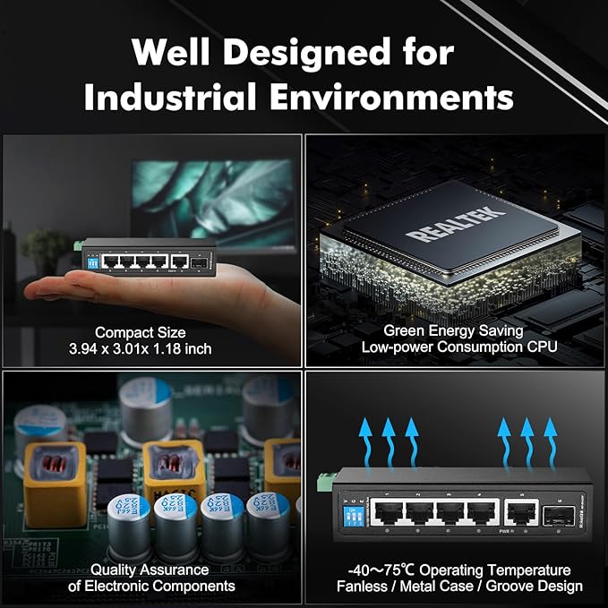 MokerLink 6 Port Industrial Din Rail Gigabit PoE Switch, 4 x 100/1000Mbps PoE Ports,IEEE802.3af/at PoE+, 1 Gigabit Uplink, 1 Gigabit SFP, Metal DIN-Rail & Wall Mount Ethernet Switch