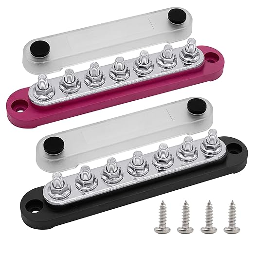 7 x M6 (1/4") Studs Power Distribution Block Bus Bar 12V, Ampper 5.9" HD 150A Marine BusBar Battery Distribution Block W/Cover for Car Boat Solar (Red & Black)