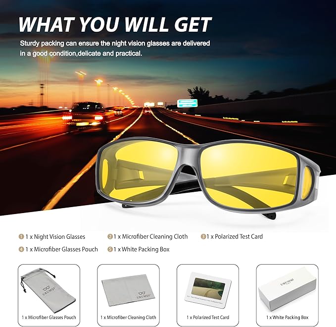 URUMQI Night Vision Driving Glasses Fit Over Eyeglasses for Men Women, Anti Glare Polarized Nighttime Glasses Yellow Lens