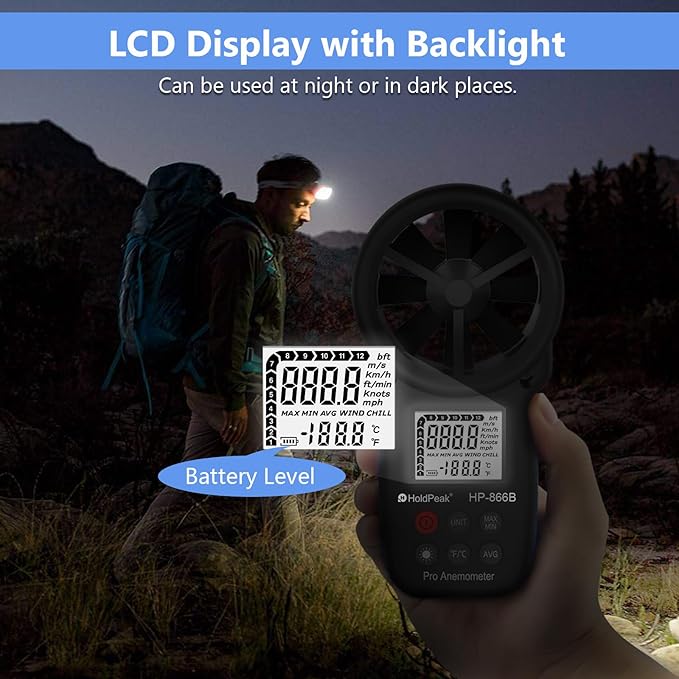 HoldPeak 866B Digital Anemometer Handheld Wind Speed Meter for Measuring Wind Speed, Temperature and Wind Chill with Backlight and Max/Min