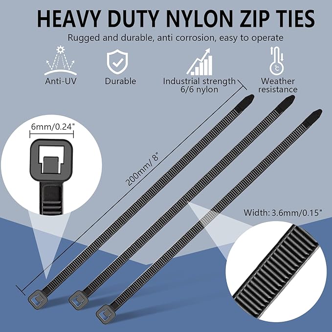 200pcs Zip Ties 8 Inch Black, Heavy Duty Zip Tie, 50lb Strength Cable Ties, Industrial Nylon Wire Tie Wraps for Garage and Workshop.