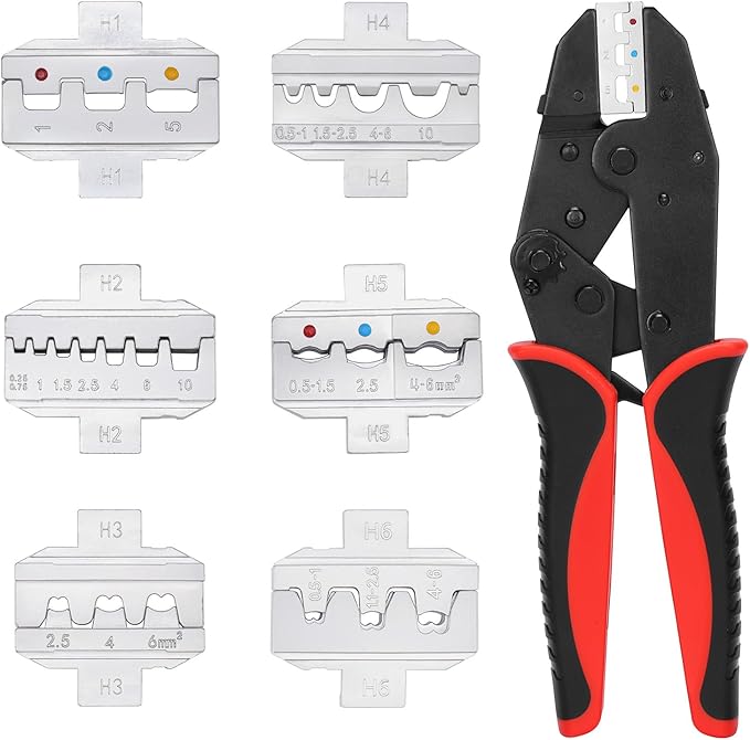 Mayouko 7PCS Quick Change Wire Crimping Tool Set for Heat Shrink, Insulated Nylon, Non-Insulated, Wire Ferrules, Open Barrel Terminals, Solar Connectors, Crmiper with 6 Interchangable Die