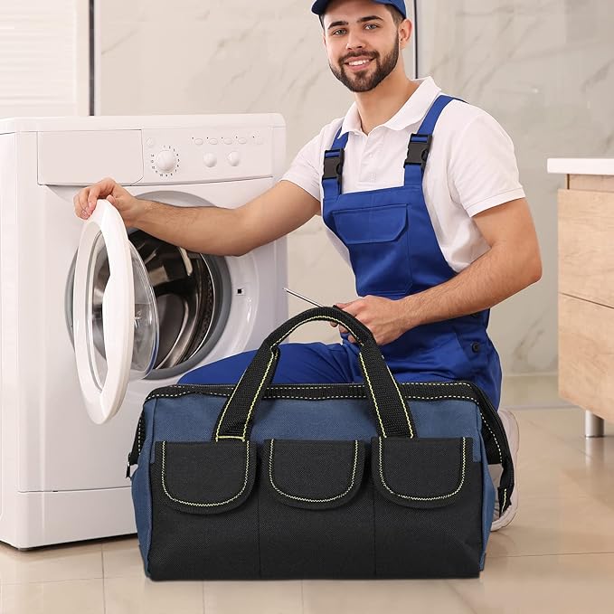 Sanwuta 3 Pack Tool Bag for Men with Waterproof Hard Bottom, Heavy Duty Tool Bag Wide Mouth Tote for Various Instrument, Electrician Carpenter Mechanic(Blue,16 Inch,Classic)
