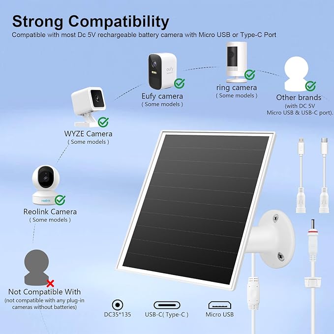 6W Solar Panel Charger for Outdoor Security Cameras. Micro USB/USB - C/DC (35 * 135) Fits Eufy/Wyze/Ring Camera, 9.8ft Cable,Waterproof Stabilization System for Battery Protection Fast Charging