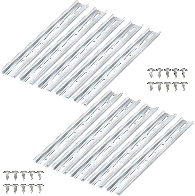 10 Piece Aluminum DIN Rails, 12 Inches Long, 35mm Wide, 7.5mm High, Top Hat Slotted DIN Rail with RoHS, Extra Premium Screws Included for Hardware Components Mounting