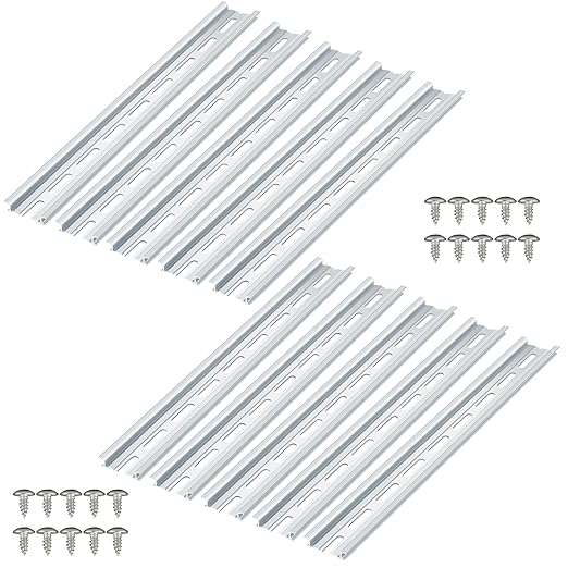 12 Piece Aluminum DIN Rails, 8 Inches Long, 35mm Wide, 7.5mm High, Top Hat Slotted DIN Rail with RoHS, Extra Premium Screws Included for Hardware Components Mounting
