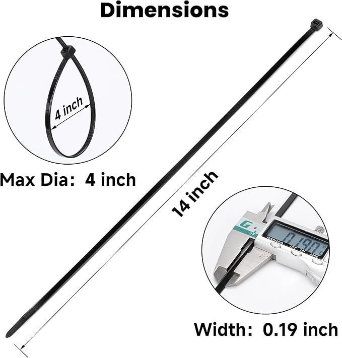 14 Inch Zip Ties (1000 Pack) – Heavy Duty 50lbs Tensile Strength, UV Resistant Black Cable Ties for Indoor & Outdoor Use, Durable Nylon Wire Ties for Organizing Cables, Garden, Garage