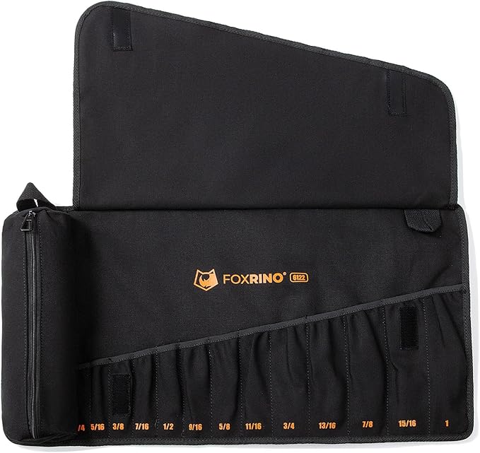 Wrench Roll, Wrench Roll Up Pouch, 13-Pocket Heavy Duty Canvas Wrench Organizer Bag for SAE Combination Wrenches, Portable Tool Roll Bag, Gifts for Men for Christmas(Black, 13+1 SAE)