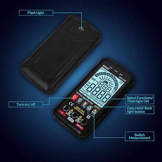 WGGE Digital Multimeter Voltmeter Smart Electrical Tester Measures Voltage Current Resistance Continuity Duty-Cycle Capacitance Temperature Frequency Auto Ranging 6000 Counts TRMS
