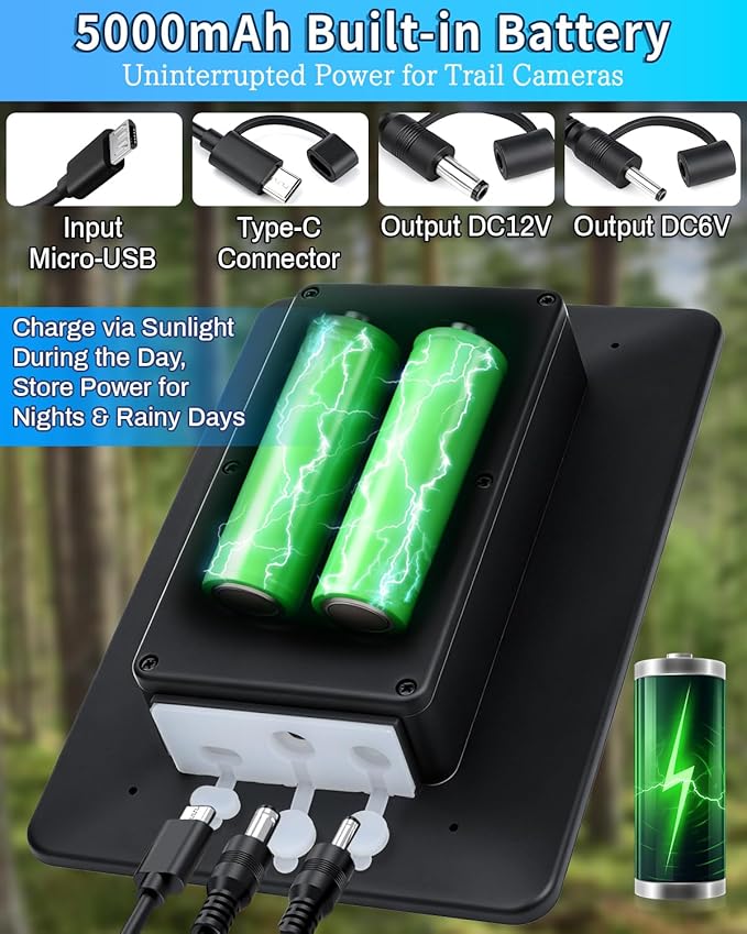 Trail Camera Solar Panel, 3W Solar Panel Charger with 5000mAh Battery and 12V/1A 6V/1.5A USB-C & DC Port 9.8ft Cable, IP65 Waterproof Solar Panel for Trail Camera,Game Cameras, Hunting Accessory