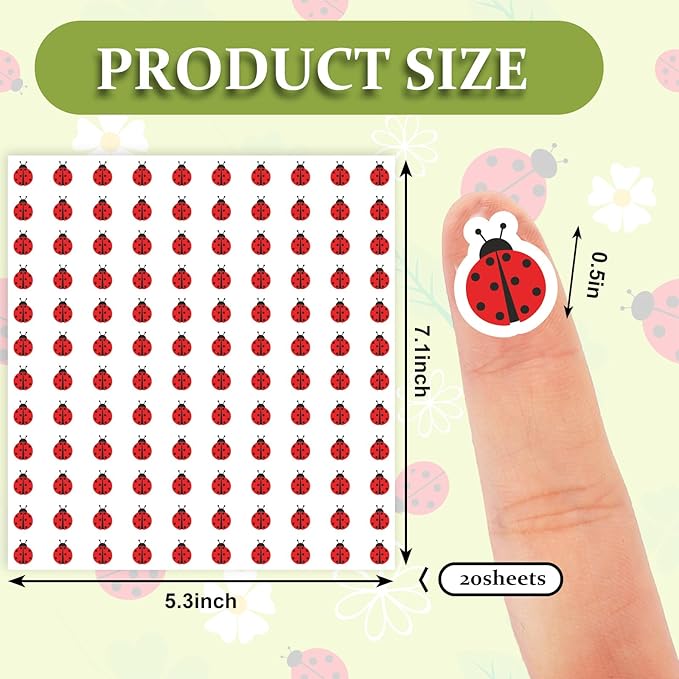 JarThenaAMCS 2400Pcs Mini Bug Sticker Cute Ladybug Insect Paper Decal Red Self-Adhesive Sticker for Spring Planner Reward Envelope Scrapbook DIY Supplies, 0.5 in