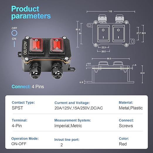 Waterproof On Off Toggle Switch Double Switch/Outlet with Red Light Rocker Button Inline Cord Switch DPST AC/DC 20A-125V,16A-250V,30A-24V,35A-12V, IP66