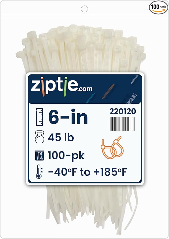 ZipTie.com 6-inch Natural Multi-Purpose Cable Tie, 45-lb Tensile Strength, UL 21 Listed, 100-Pack