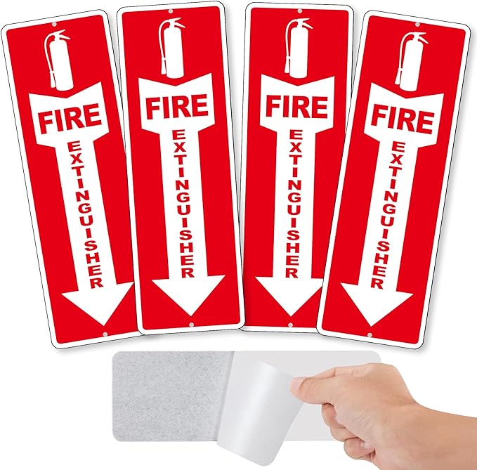 (4 Pack) Fire Extinguisher Signs – Strong Self Adhesive Fire Extinguisher Sign for Business, 12x4 Inch Aluminum Fire Extinguisher Signs Weather Resistant and Easy to Install (Red)