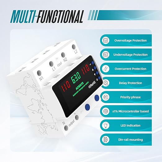 Automatic Transfer Switch 63A 110V, Manual Changeover Switch DIN Rail Mount, 63Amp AC 2P Dual Power Mini ATS with LED Display for Home Generator & Gas Furnace, Adjustable Voltage 50/60Hz CE Certified