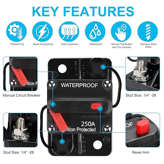 Generic 250 Amp Waterproof Circuit Breaker,with Manual Reset,12V-48V DC,30A-300A,for Car Marine Trolling Motors Boat ATV Manual Power Protect Audio System Current Overload Protection