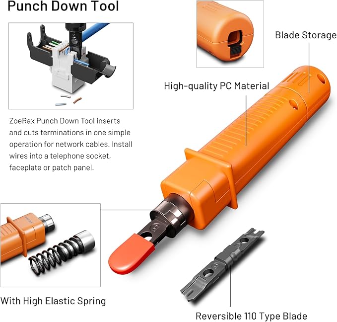Network Tool Kit, ZOERAX 11 in 1 Professional RJ45 Crimp Tool Kit - Pass Through Crimper, RJ45 Tester, 110/88 Punch Down Tool, Stripper, Cutter, Cat6 Pass Through Connectors and Boots