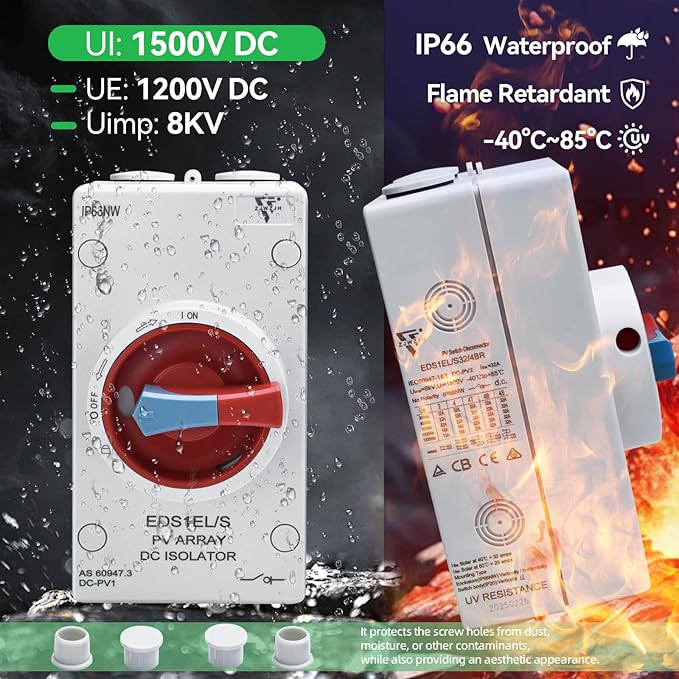 32Amp Solar Disconnect Switch DC1500V Isolator Switch; 1-in 1-Out; Waterproof IP66; Enclosure for Rooftop Solar Systems Input and Output at Bottom 4-Pole