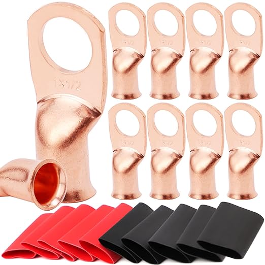 TKDMR 10pcs 1 AWG-1/2 Battery Lugs,Heavy Duty Wire Lugs,Ring Terminals,Battery Cable Ends,0 Guage terminals,Battery Terminal Connectors with 10pcs 3:1 Heat Shrink Tubing