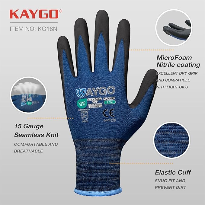 KAYGO Safety Work Gloves MicroFoam Nitrile Coated-12 Pairs, KG18NB,Seamless Knit Nylon Glove with Black Micro-Foam Nitrile Grip,Ideal for General Purpose,Automotive,Home Improvement, Dark Blue, M
