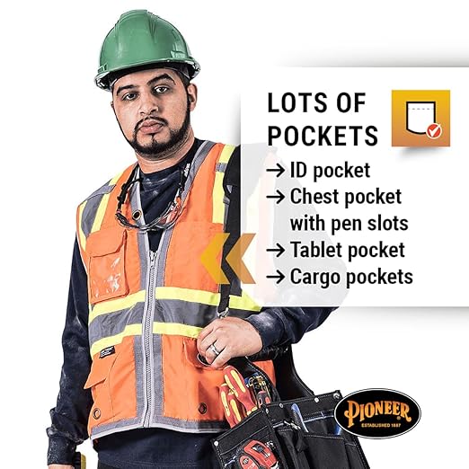 Pioneer Safety Vest for Men – Hi Vis Reflective Neon, Cool Mesh Back Panel, 12 Pockets, Zipper for Surveyor Work – Orange, Yellow/Green