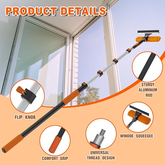 20FT Reach 2-in-1 Window Squeegee, Professional Window Washing Kit with 3-12FT Extension Pole for Home, Indoor Outdoor Squeegee with Rotatable Head for High Windows