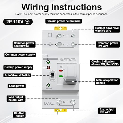 ATS Dual Power Automatic Transfer Switch, 2P 63A 110V Manual Transfer Switch, Uninterruptible Millisecond-Level ATS, 50/60 Hz, White, CE