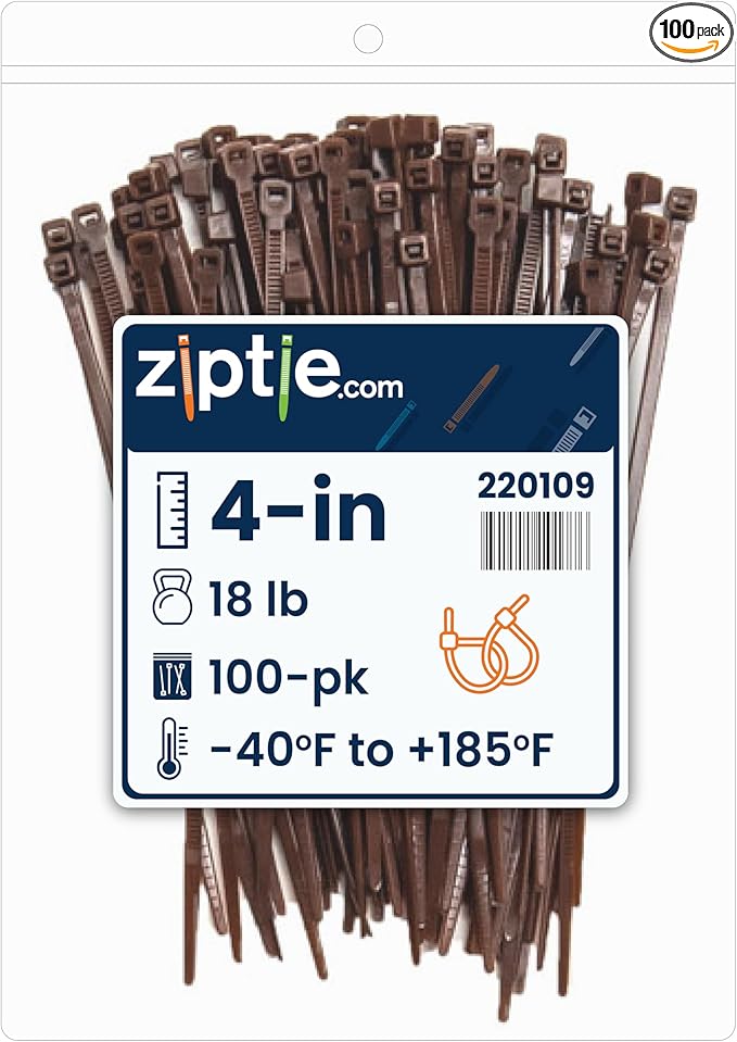 ZipTie.com 4-inch Dark Brown Multi-Purpose Cable Tie, 18-lb Tensile Strength, UL 21 Listed, 100-Pack