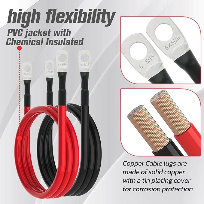 6 AWG Battery Cable 6AWG Gauge Battery Inverter Cables for Automotive Solar Marine Boat RV Car Motorcycle (6 AWG, 3FT, 5/16")