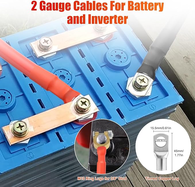 Linkstyle 2PCS 2AWG 12 Inch Battery Cables with 3/8" Terminals Lugs and Connectors Clamps, 30CM Battery Inverter Wire Set, for Marine Solar Panels Car Truck RV
