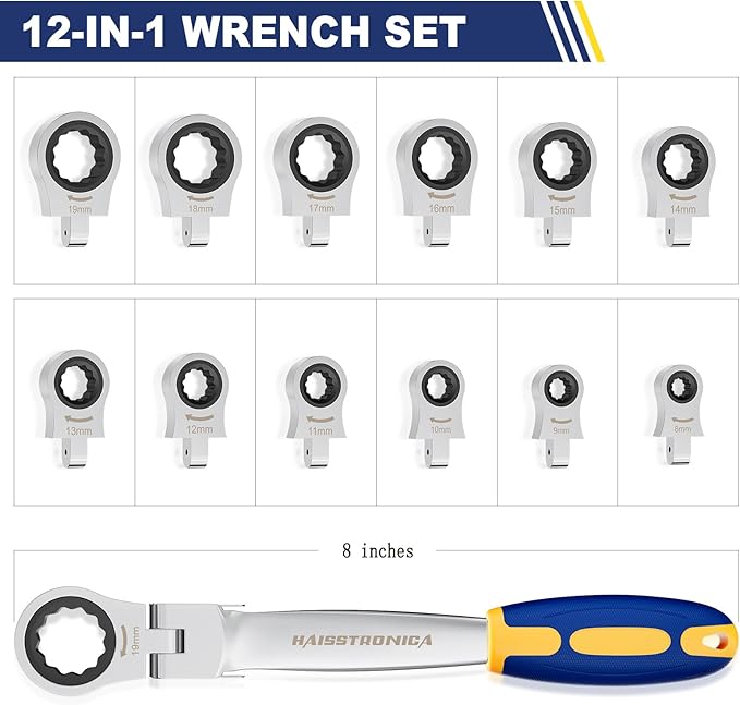 haisstronica 12 in 1 Interchangeable Heads Ratcheting Combination Wrench Set, 8-19mm Metric Flex Head Ratchet Wrench Tool for Auto, Tools for Men Gifts