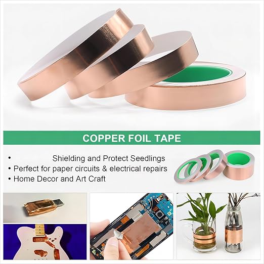 BOMEI PACK Copper Foil Tape 1 Pack 1.97mil x 1inch x 66ft with Conductive Adhesive for Guitar and Crafts, Soldering, Stained Glass, Electrical Repairs, Grounding