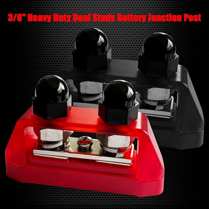 Ampper 3/8" Power Distribution Block Bus Bar 12V 250A, Dual Studs M10 Busbar Battery Junction Post Distribution Block with 1 x M4 Screw Terminal (Red and Black)