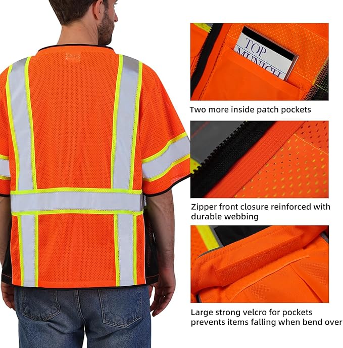 Dib Safety Reflective Mesh Vest ANSI Class 3, High Visibility with Pockets and Zipper, Made with 3M Reflective Tape, Orange M