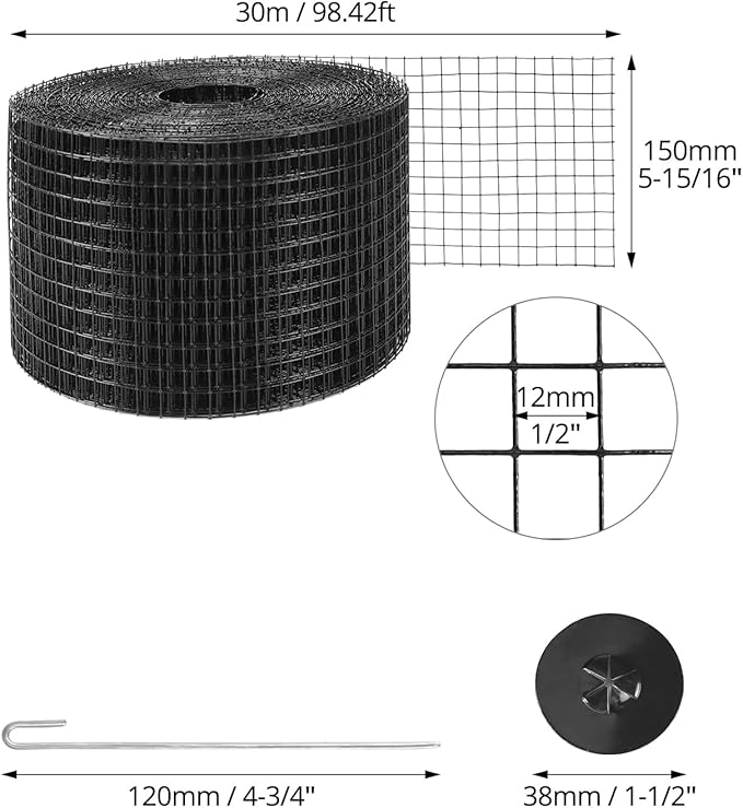 QWORK 6" x 100' Solar Panel Bird Guard – Heavy-Duty Galvanized Steel with PVC Coating – Includes 70 Stainless Steel Fastener Clips for Easy Installation – 1/2 Inch Mesh for Perimeter Protection