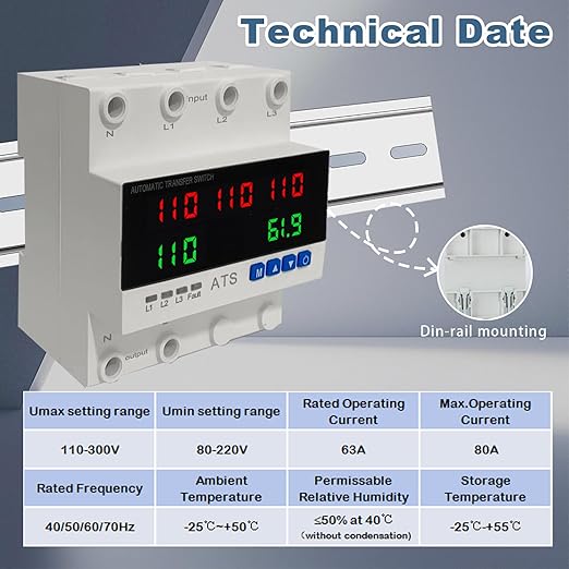 4P Automatic Transfer Switch with LCD Display, 63A Triple Power ATS with 5 Display for Real-Time Voltage & Current Monitoring (Input/Output), Automatic Changeover for Utility/Generator/Solar