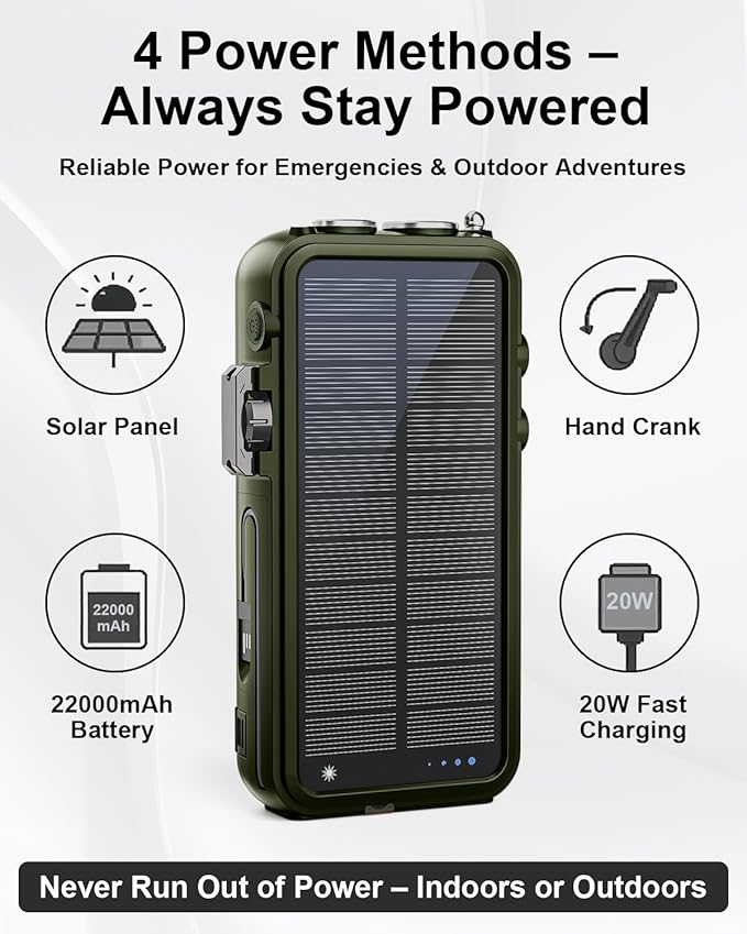 Emergency Radio&22000mAh Solar Power Bank, FM NOAA Weather Radio, Portable Hand Crank Bluetooth Radio, 20W Fast Charge Wireless Phone Charger, SOS Flashlight for Emergency/Home (Green)