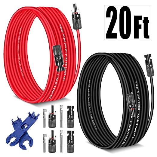 Solar Extension Cable 20Feet 10AWG (6mm²) Solar Panel Cable Red & Black PV Wire Male Female Connector Adapter Gauge Wire for PV System