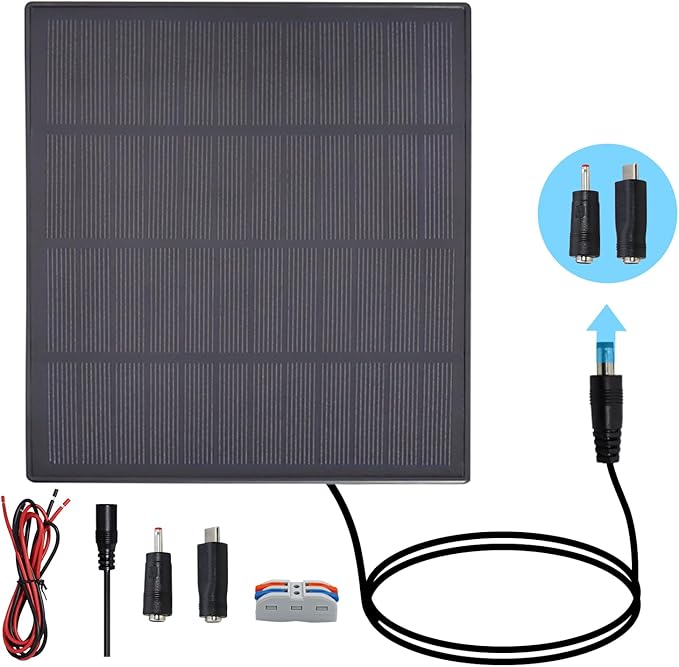 KBT 12V 3W Waterproof Solar Panel with Type-C Port & DC3.5mm Port & Adjustable Bracket, Portable Solar Charger for Rechargeable Battery, Hunting Camera Outdoor, Deer Game Feeder, Electric gate, Lamp