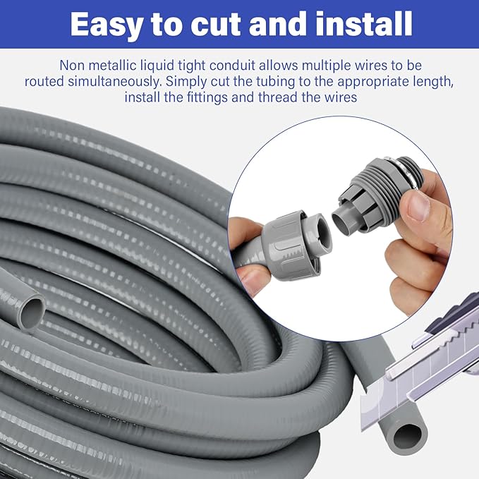 Liquid-Tight Conduit Connector Kit,Flexible Non Metallic Liquid Tight Electrical Conduit Kit,Waterproof Outdoor Electrical Conduit Pipe,Straight/Angle Fittings,Clamps (1-1/4 in x 25 ft)